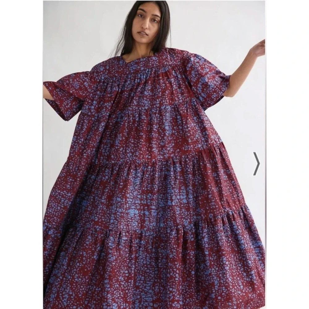 ODILE JACOBS Flounce Dress One Size Puff Sleeve Kaftan 100% Cotton
